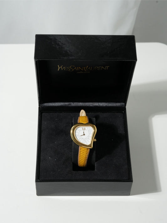 Yves Saint Laurent Heart Watch – Gold Tone × Yellow Leather Strap (with Extra Band)
