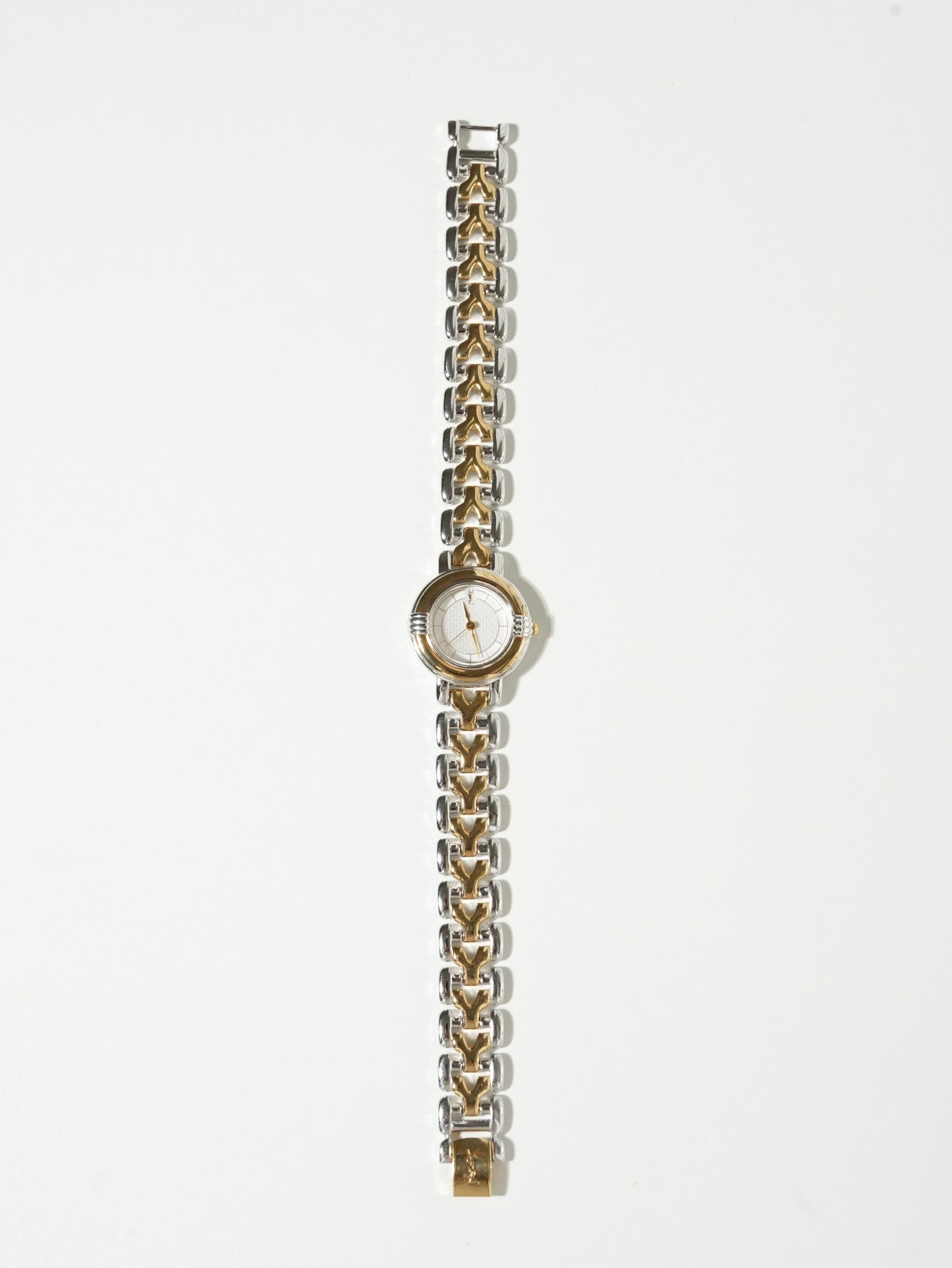 Yves Saint Laurent Two-Tone Round Watch – Silver & Gold Bracelet, Textured White Dial (NEW OLD STOCK)
