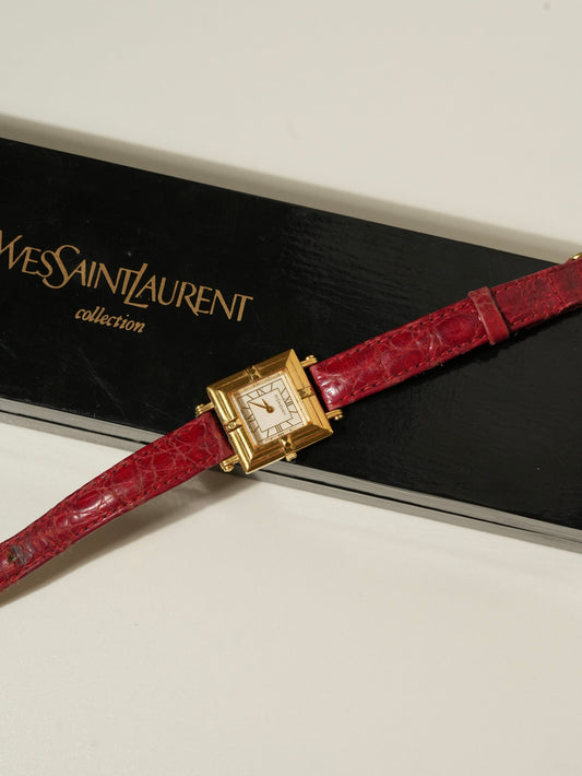 Yves Saint Laurent × Citizen Vintage Pyramid Bezel Watch – Roman Dial / Red Leather
