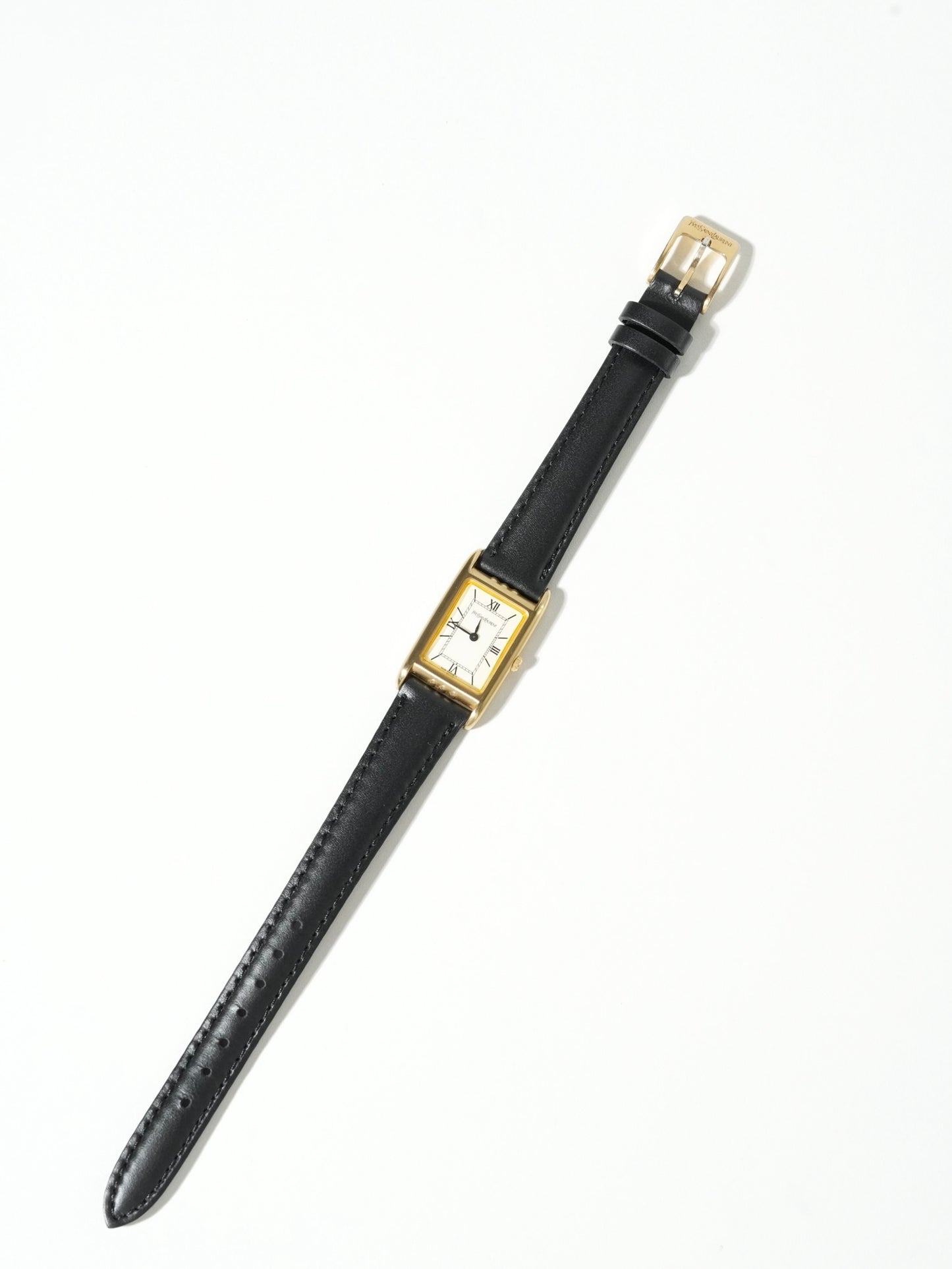 Yves Saint Laurent Tank Rectangle Watch – Gold Tone × Black Leather