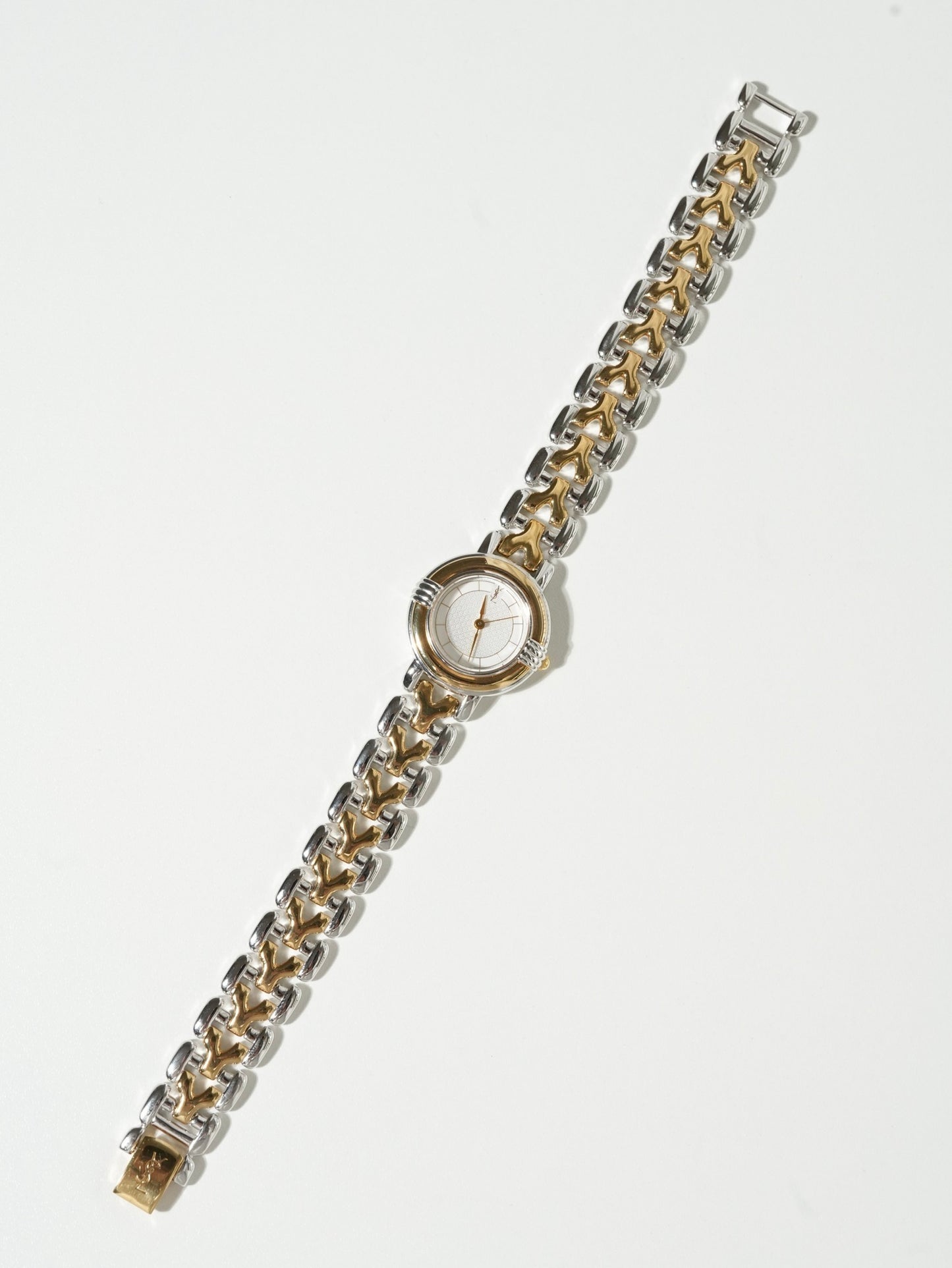 Yves Saint Laurent Two-Tone Round Watch – Silver & Gold Bracelet, Textured White Dial (NEW OLD STOCK)