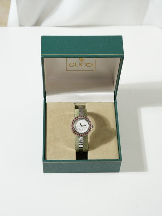 Gucci Garnet Bezel Bangle Watch – Silver Tone with box