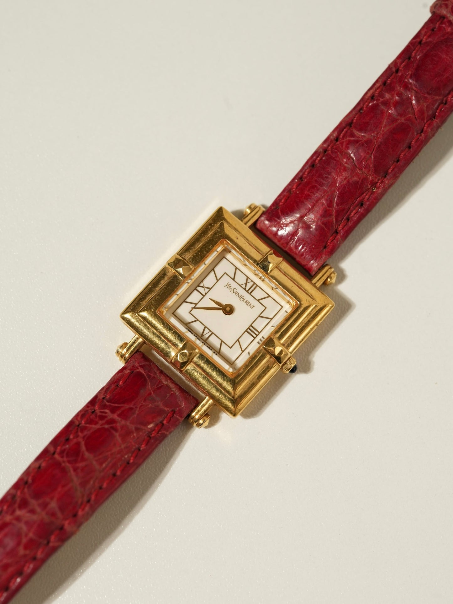Yves Saint Laurent × Citizen Vintage Pyramid Bezel Watch – Roman Dial / Red Leather