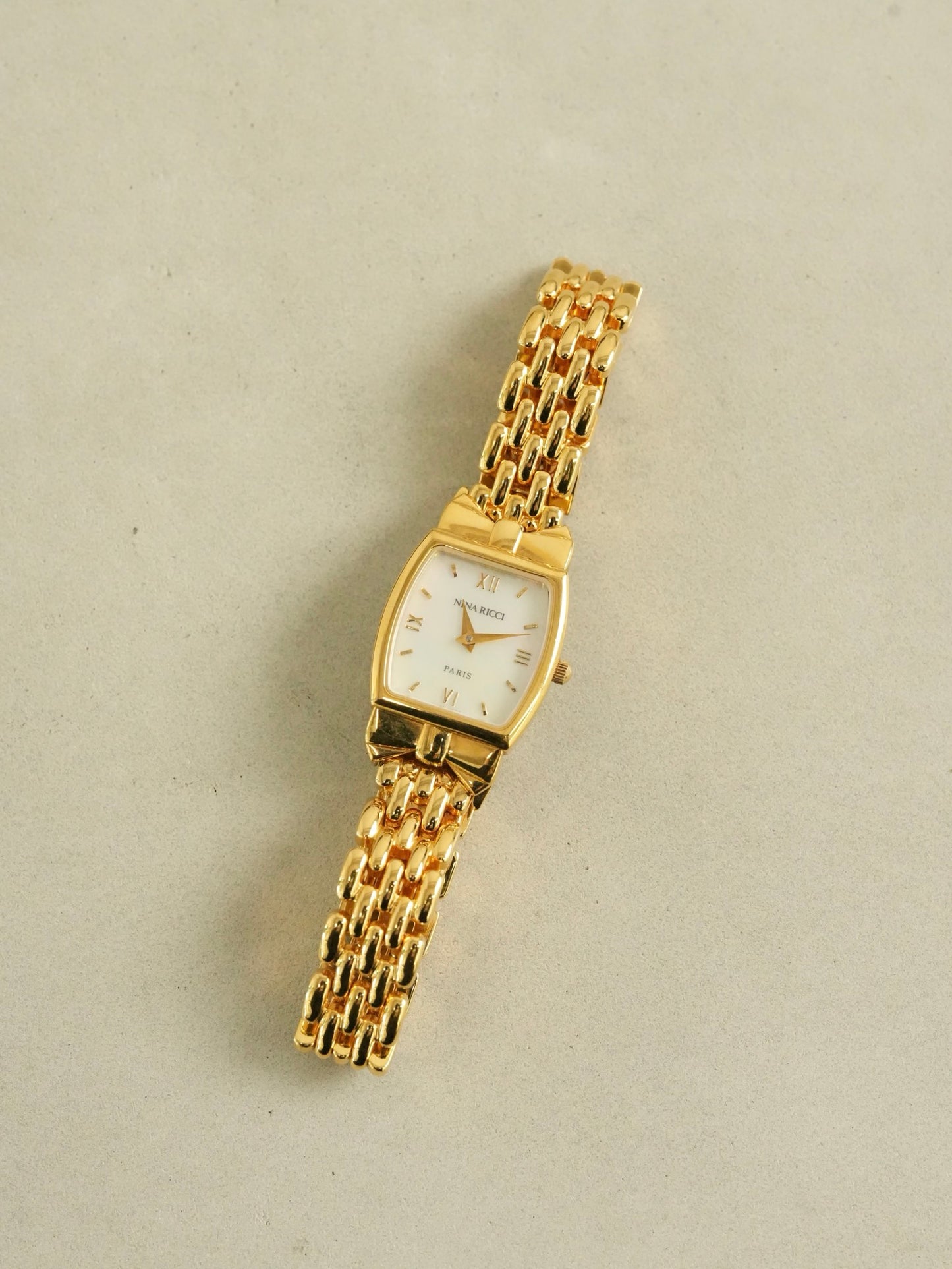 NINA RICCI Vintage Mother of Pearl Dial Tonneau Watch Gold Bracelet Model