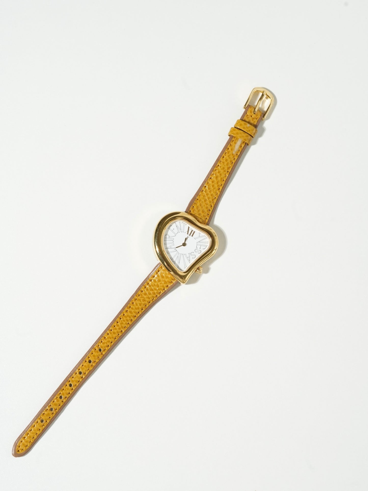 Yves Saint Laurent Heart Watch – Gold Tone × Yellow Leather Strap (with Extra Band)