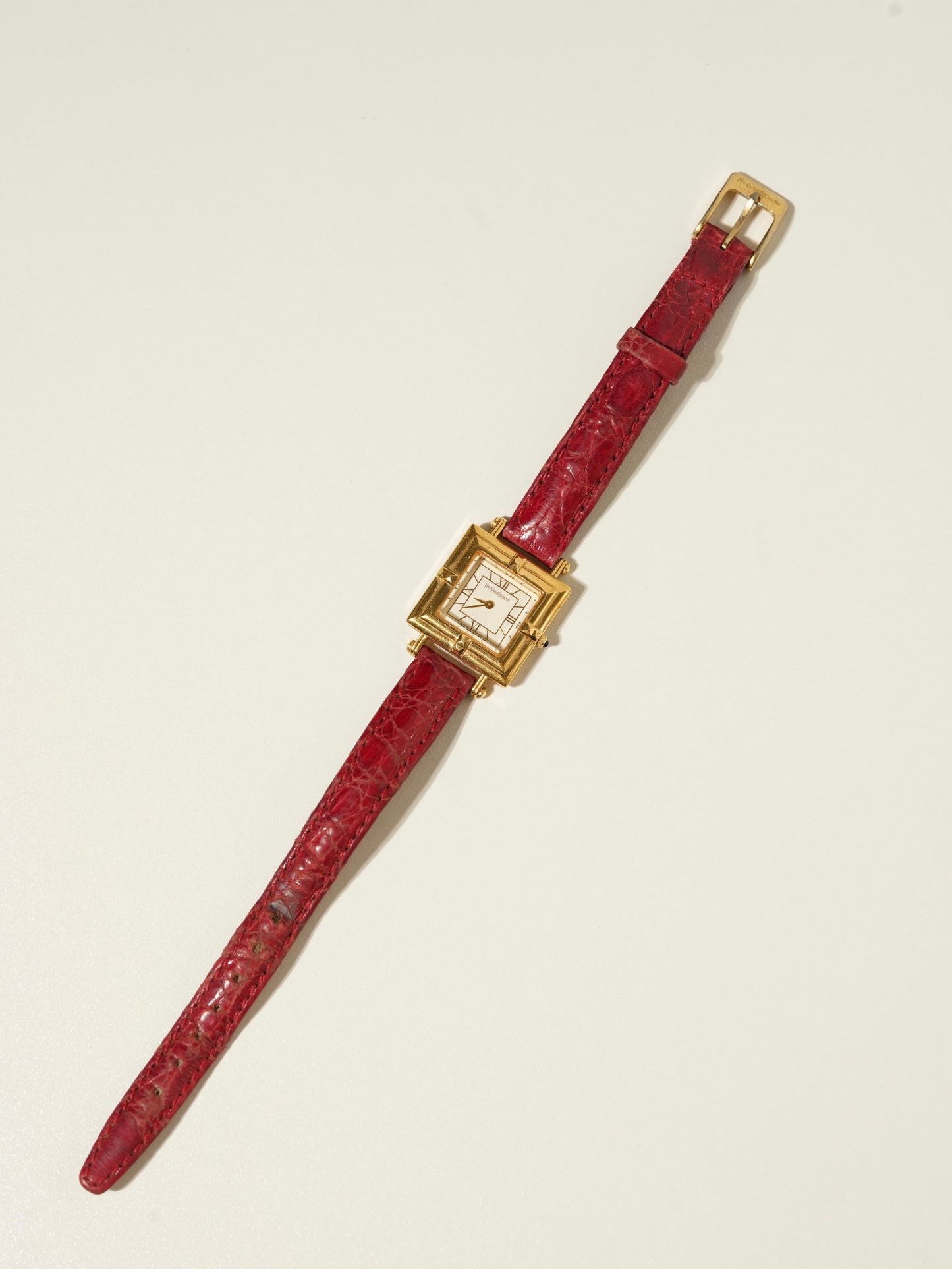 Yves Saint Laurent × Citizen Vintage Pyramid Bezel Watch – Roman Dial / Red Leather