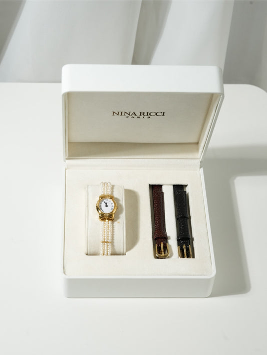 Nina Ricci Pearl Bracelet Watch Set – Gold Case, White Dial with Extra Leather Straps