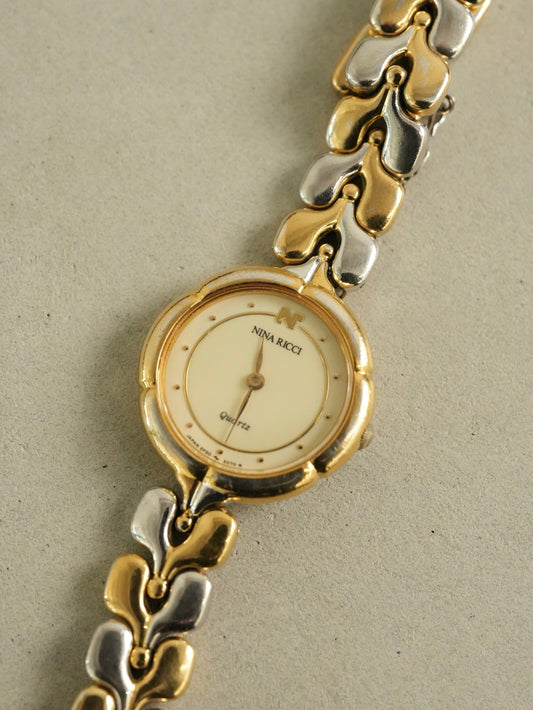 NINA RICCI Vintage Two-Tone Combo Bracelet Watch Round Case Quartz Model