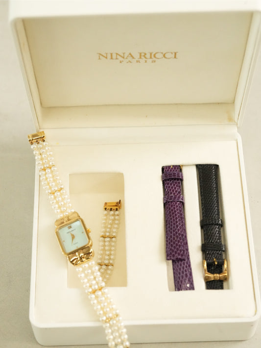 NINA RICCI Vintage Mother of Pearl Dial Watch Pearl Bracelet Set with Box & Two Extra Straps