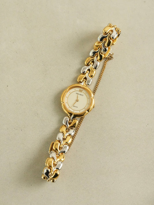 NINA RICCI Vintage Two-Tone Combo Bracelet Watch Round Case Quartz – Excellent Condition