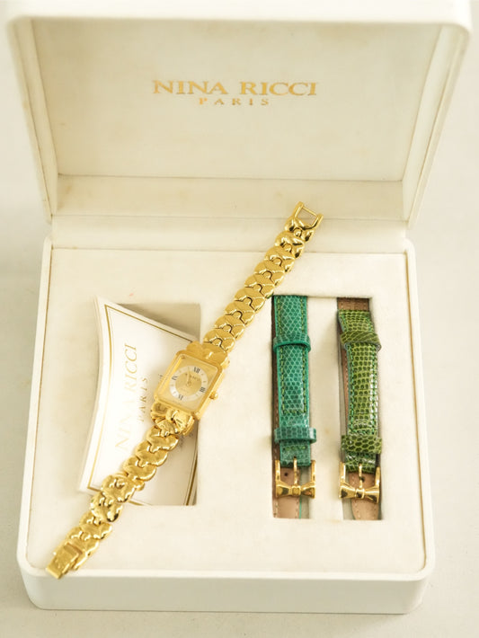 NINA RICCI Paris Vintage Square Watch Gold Bracelet Model with Box & Extra Straps